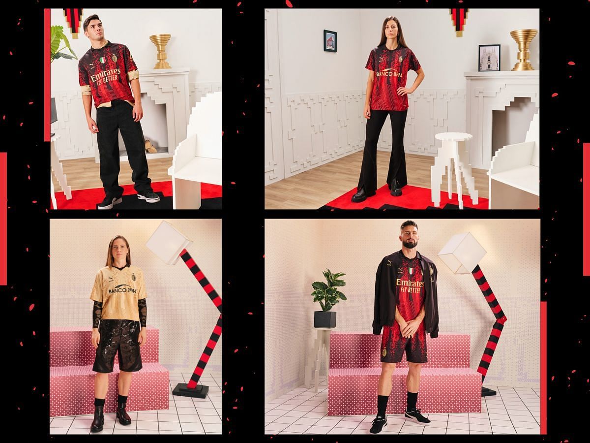 The newly released PUMA x AC Milan x KOCHÉ Fourth jersey kit will be released alongside a goalkeeper kit, shorts, and a pre-match jacket (Image via Sportskeeda)
